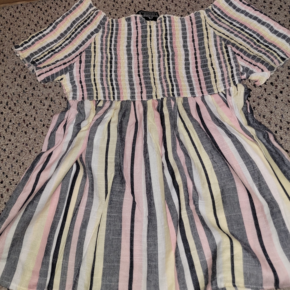 Angie Pastel Stripe Off-Shoulder Top in Pink, Yellow, Black, Cream & Grey